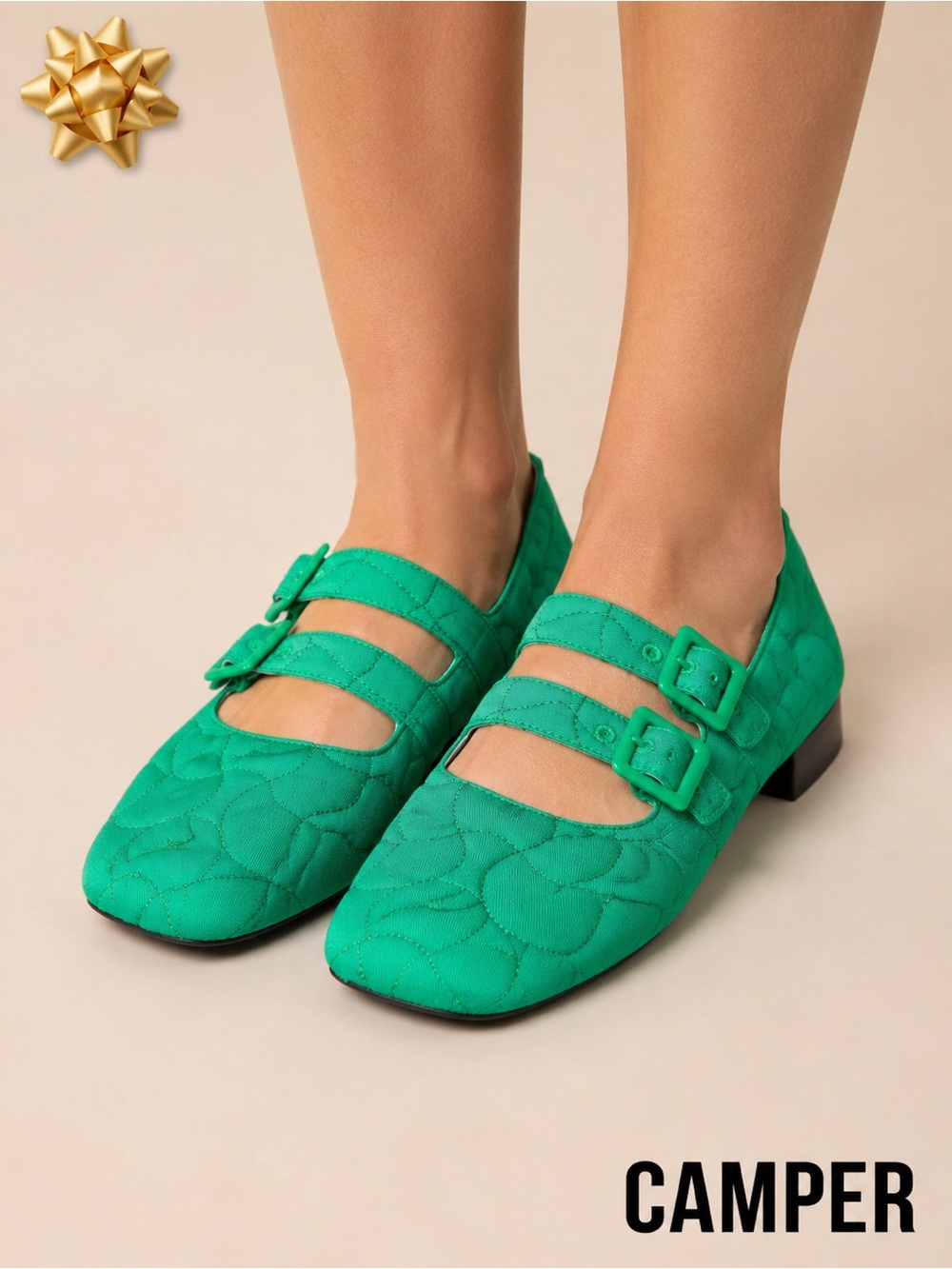 Camper Green Quilted Double Strap Mary Jane Flats EU 37 US 6.5